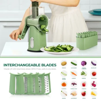 SUSTEAS Rotary Cheese Grater with Handle, 5 Well-Designed Blades, Strong Suction Cup Base, Kitchen Utensils
